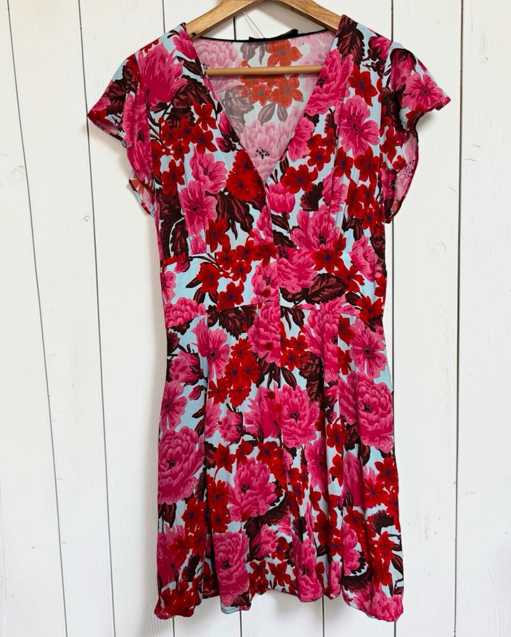 ZARA BASIC Women Pink Floral V-Neck Short Sleeve Mini Dress Size M Feminine